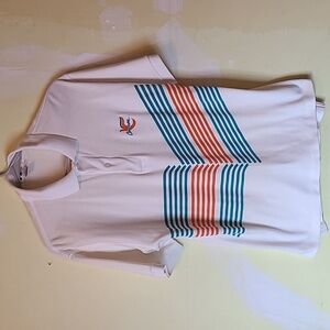Vintage men's medium Cinarron off-white short sleeve polo shirt teal/orange